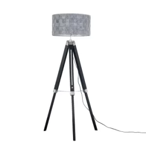 Image of Clipper Black and Chrome Tripod Floor Lamp with XL Grey Monza Shade