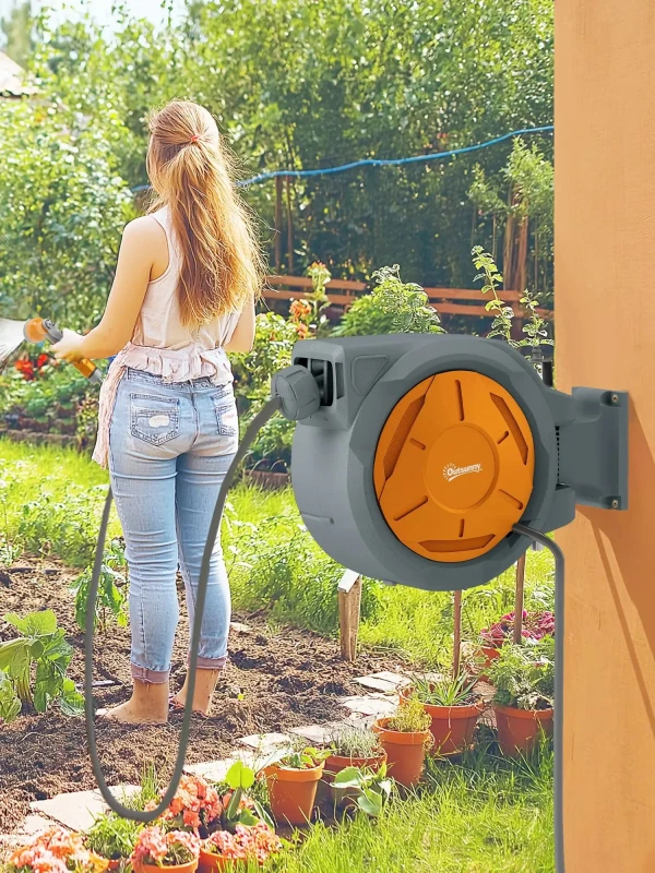 Image of Outsunny Retractable Hose Reel Wall Mounted with Lock, Orange 84H-320V00OG