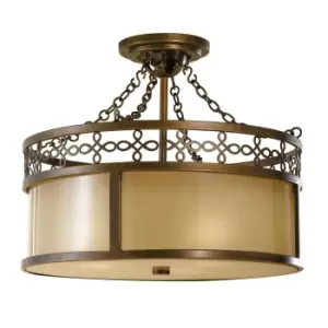 Image of 3 Bulb Semi Flush Detailed Ironwork Glass Aged Oak Astral Bronze LED E27 60W