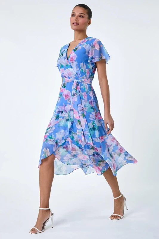 Image of Roman Womens Floral Frill Detail Wrap Dress in Light Blue Size: 12 Light Blue Female 12