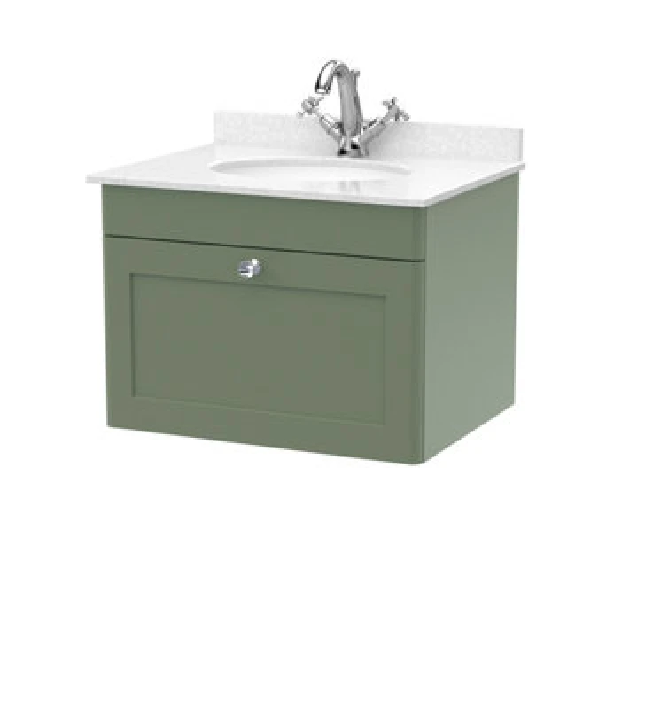 Image of nuie 600mm Wall Hung 1 Drawer Vanity & Marble Top 1TH - Satin Green CLC894WR1