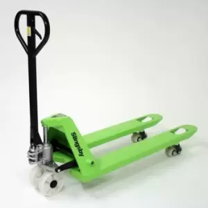 Image of 2.5 Tonne Green Pallet Truck - Euro, CHEP and UK pallet compatible - Fork height range 80mm - 200mm - Capacity 2500kg