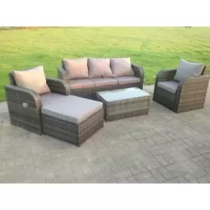 Image of Fimous 5 Seater Outdoor Dark Grey Wicker Rattan Lounge Complete Sofa Set with Reclining Chair and Big Footstool