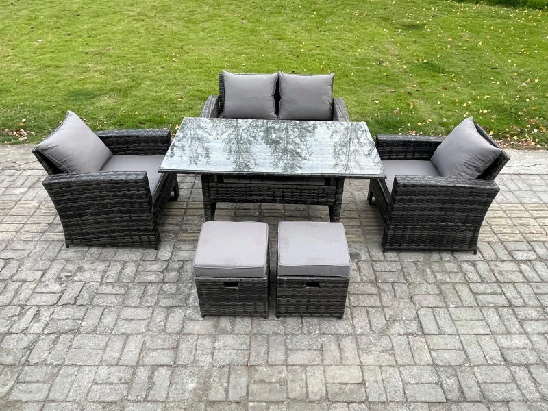 Image of Fimous 6 Seater Outdoor Garden Furniture Set Patio Furniture Rattan Rectangular Dining Table Lounge Sofa in Dark Grey Dark Grey Unisex