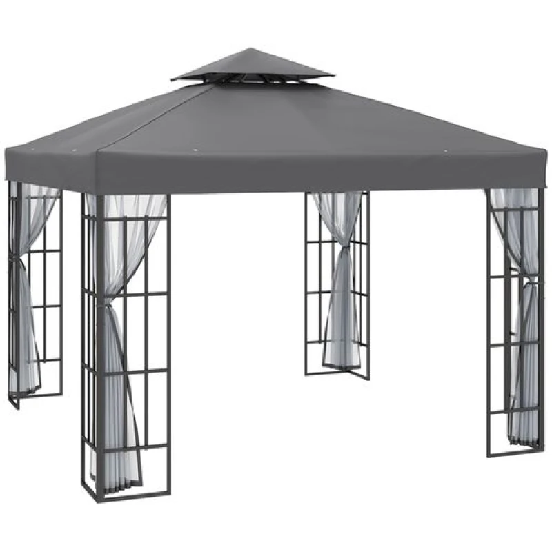 Image of Outsunny 3x3m Gazebo Pavilion w/ Double Roof, Netting - Grey 84C-517V00GY