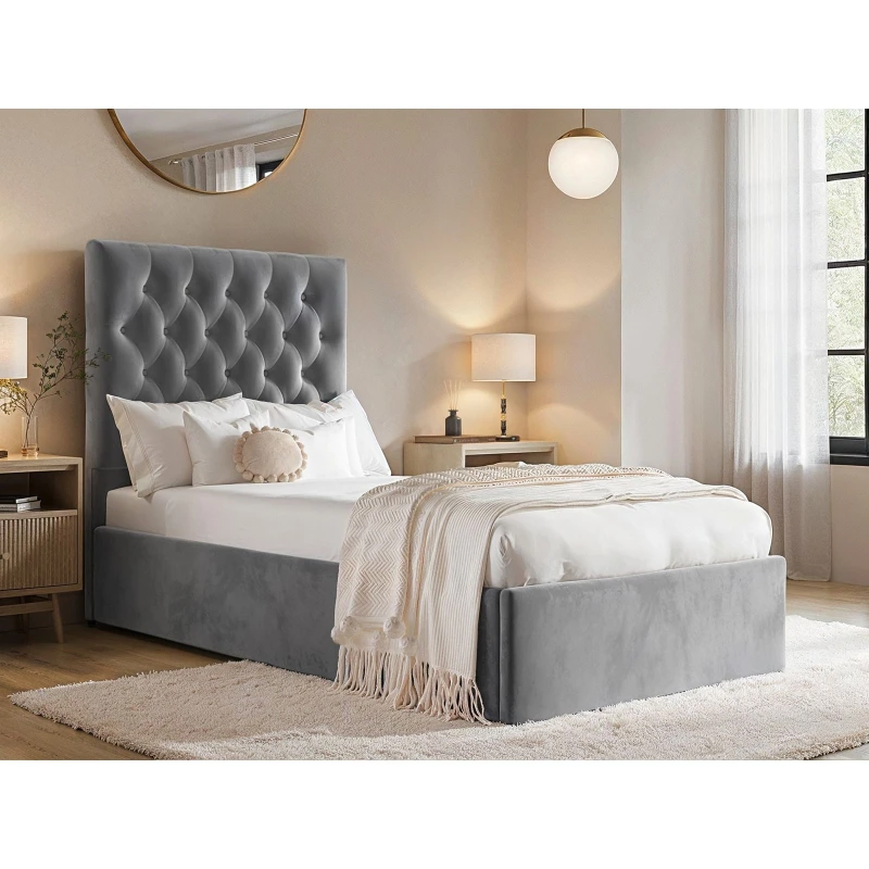 Image of Flair Milan Velvet Single Ottoman Bed in Grey Grey Unisex Single