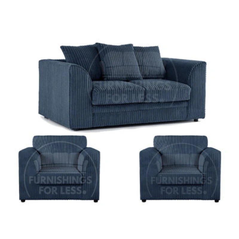 Image of Furnishings For Less UK Luxor Jumbo Cord 2 + 1 + 1 Fabric 3 Piece Sofa Suite - Scatter Back Navy Blue