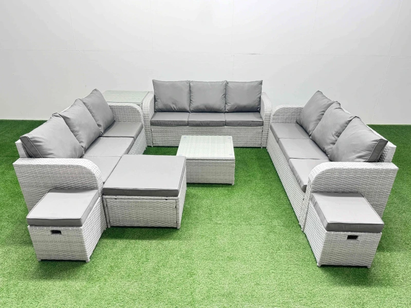 Image of Fimous PE Rattan Lounge Sofa Set 12 Seater Outdoor Garden Furniture Set with Square Coffee Table 3 Seater Sofa 3 Stools Side Table Light Grey Light Gr