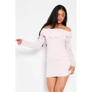 Image of I Saw It First Baby Pink Mesh Frill Ruched Bodycon Dress - Pink