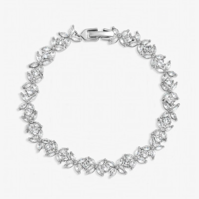 Image of Jon Richard Womens Rhodium Plated Cubic Zirconia Floral Bracelet in Silver Silver Female One Size