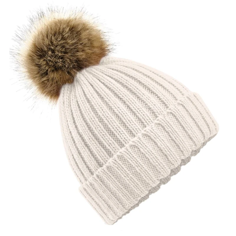 Image of Beechfield Beechfield Fur Pop Pom Chunky Beanie in Beige Beige One Size Unisex 5059000200045