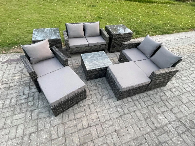 Image of Fimous 7 Seater Outdoor Rattan Garden Furniture Set Conservatory Patio Sofa Coffee Table Set with Chair 2 Side Tables 2 Big Footstool in Dark Grey Dar