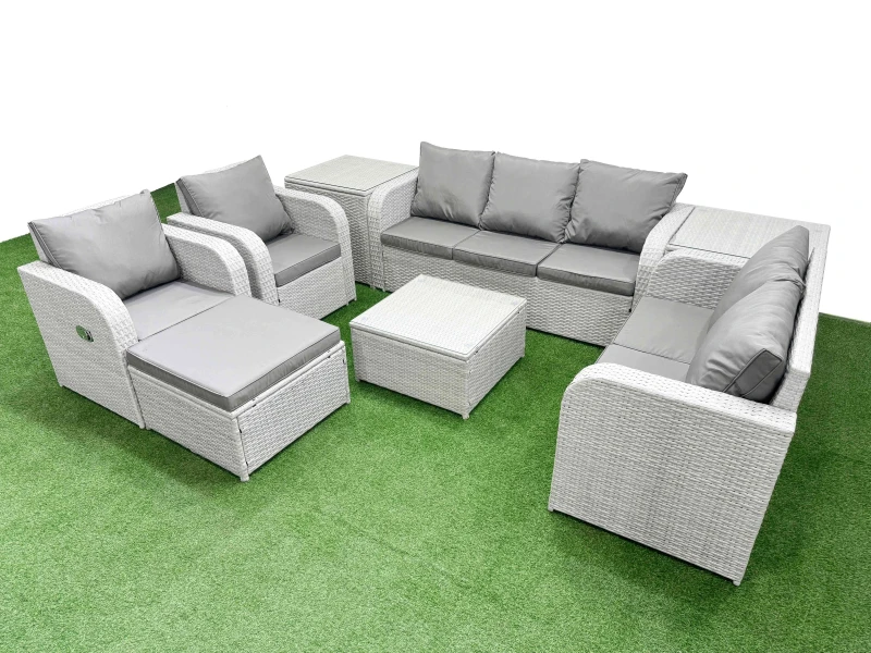 Image of Fimous PE Rattan Garden Furniture Set Adjustable Chair Sofa Double Love Seat 2 Seater Sofa Lounge Set Square Coffee Table Big Footstool 2 Side Table L