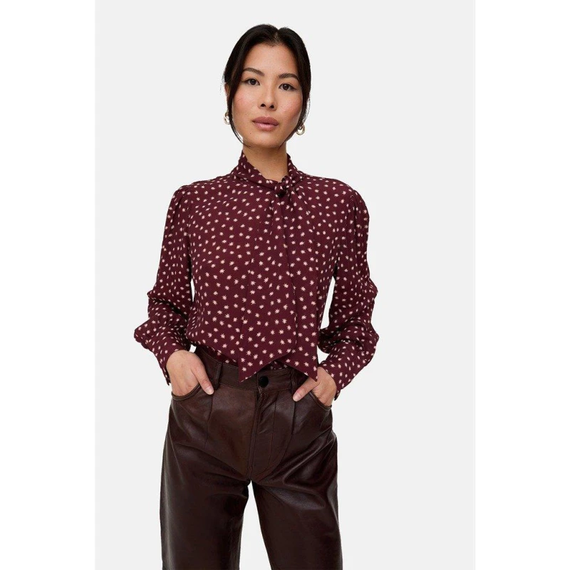 Image of Lily and Lionel Lily Pussybow Star Print Blouse In Burgundy Red female 8 (XS)