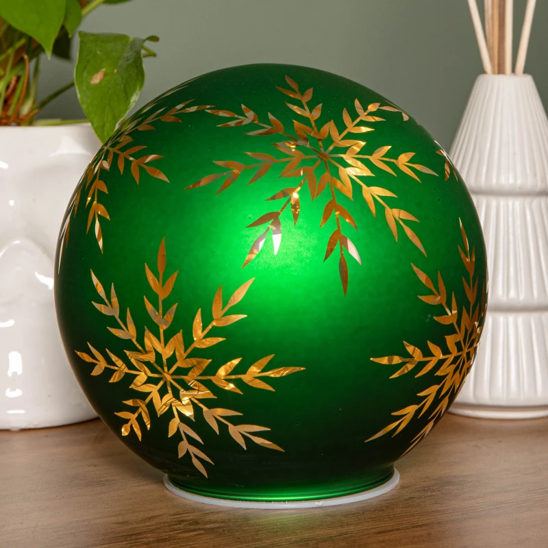 Image of 15cm Battery Operated Light up Snowflake Glass Ball in Green with Warm White LEDs