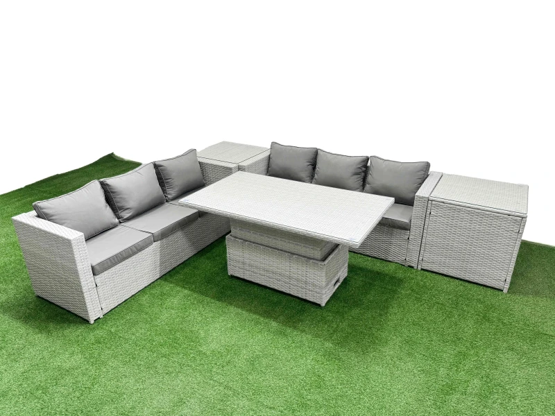 Image of Fimous 5 PCs Rising Dining Table Set Rattan Furniture Set with 3 Seater Sofa in Light Grey Light Grey Unisex