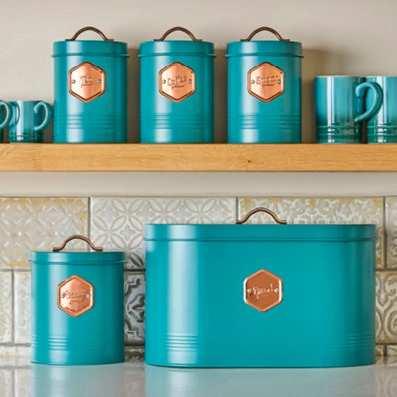 Image of Cooks Professional 5 Piece Tea Coffee Sugar Bread & Biscuit Cannister Set - Labelled Kitchen Storage Tins - Teal & Copper