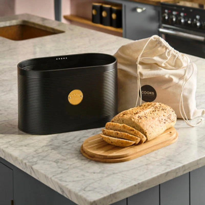 Image of Cooks Professional Ribbed Bread Bin With Linen Bag & 2-In-1 Bamboo Cutting Board Lid - Black & Gold