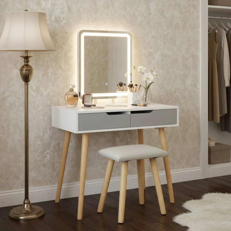 Image of Alivio Womens Hollywood Dressing Table Set with Rectangle LED Mirror & Stool (Grey) in Grey Grey Female