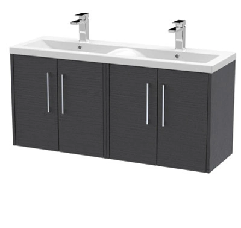 Image of Hudson Reed Fluted Wall Hung 4-Door Vanity And Double Vitreous China Basin, Contemporary Sink Vanity Unit, Graphite Grey