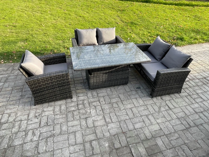 Image of Fimous 4pcs Rattan Outdoor Garden Furniture Sofa Set Height Adjustable Rising Lifting Table Dark Grey Mixed Dark Grey Unisex