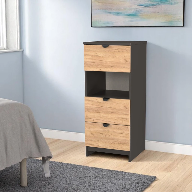 Image of Welcome Furniture Ready Assembled Bora 3 Drawer Open Shelf Bedside Cabinet, Grey BOP602GCGB
