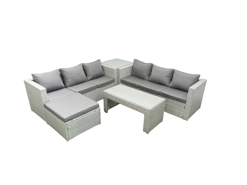 Image of Fimous 7 Seater Garden Outdoor Rattan Furniture Set Rattan Garden Sofa Oblong Coffee Table with Big Footstool Side Table Light Grey Mixed Light Grey