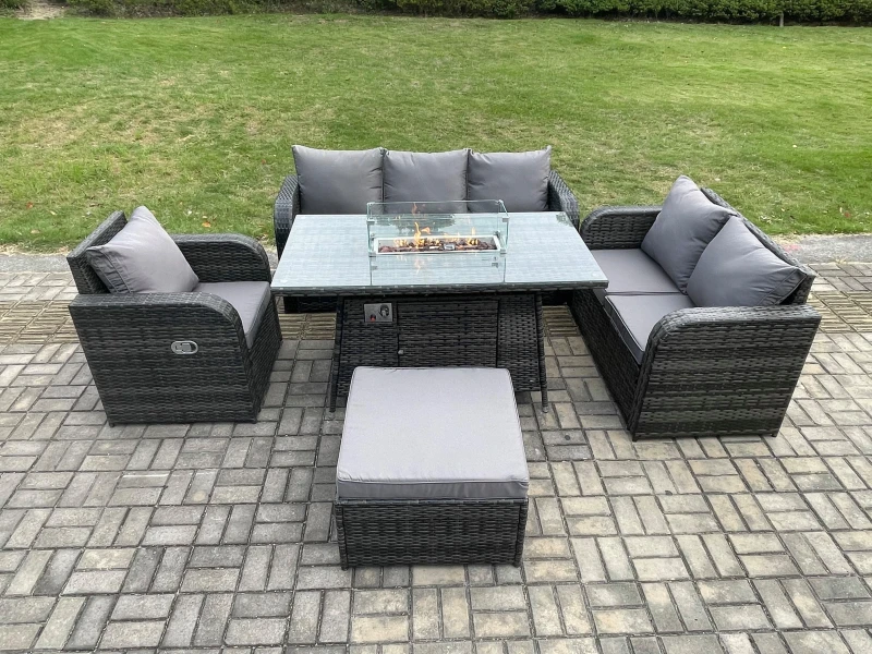 Image of Fimous Rattan Garden Furniture Set with Fire Pit Table 7 Seater Outdoor Lounge Sofa Set Dark Grey Mixed Dark Grey
