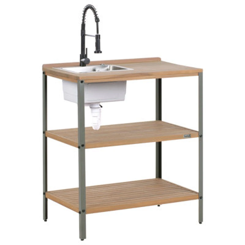 Image of Beliani Outdoor Kitchen Island With Sink Ivrea Certified Acacia Wood Brown/ Black