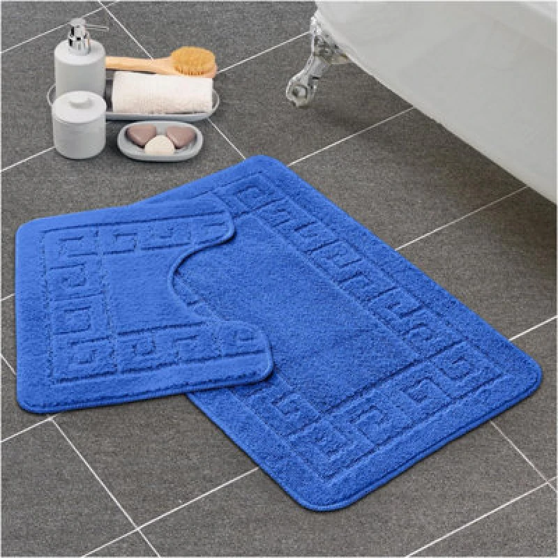 Image of Gc Gaveno Cavailia Grecian Grace 2 Piece Non Slip Bath Mat Set Blue Quick Dry Water Absorbent Bathroom Shower Mat & Pedestal Set