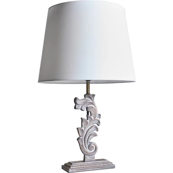 Image of Distressed White Floral Design Table Lamp with Large Tapered Shade - White