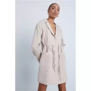 Image of I Saw It First Stone Woven Bold Shoulder Drawcord Waist Oversized Blazer Dress - Brown
