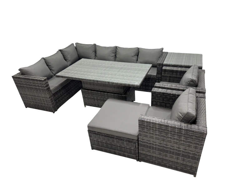 Image of Fimous 9-seater Rattan Garden Furniture Dining Set with Big Stool Side Table in Dark Grey Dark Grey Unisex