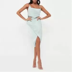 Image of Missguided Petite Satin Cowl Wrap Midi Dress - Green