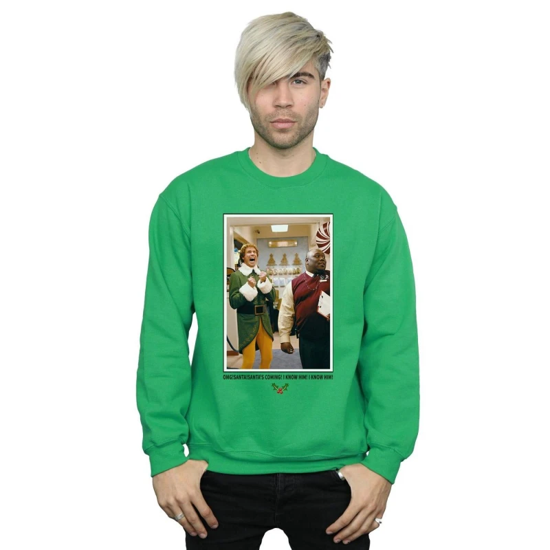 Image of Elf Elf Men OMG Santa Photo Sweatshirt in Green Size: Small Green S Male 5057981621071