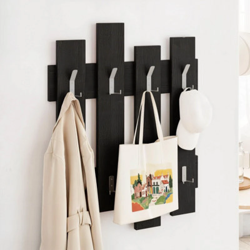 Image of Decortie Wave Modern Wall-Mounted Coat Hanger With 8 Hooks Black Wood 69 Width