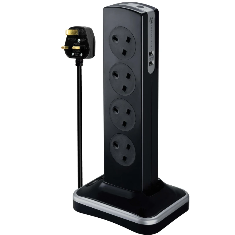 Image of Masterplug 8 Socket 2m Switched Tower Surge Extension Lead + USB (2 port 3.1a) - Gloss Black SRGTOWSU82PB-MP