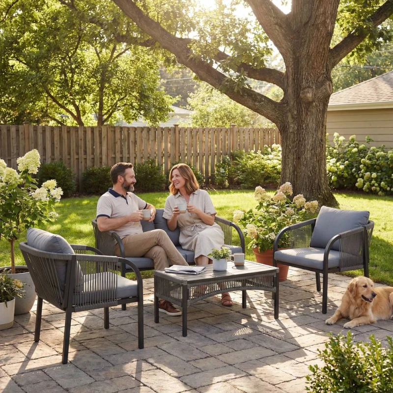 Image of OUTSUNNY 4 Piece Rattan Garden Furniture Set w/ Steel Frame, Cushions, Grey in Dark Grey Size: 3 Seater Dark Grey Unisex 3 Seater