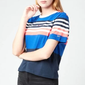 Image of Tommy Jeans Womens TJW Bxy Crop Linear Logo Stripe T-Shirt - Gulf Coast Blue Stripe - S