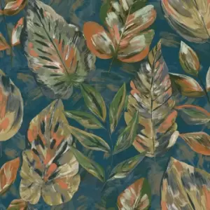 Image of Holden Aralia Teal / Orange Wallpaper