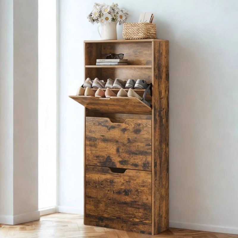 Image of Pirlo Plush 3 Drawer Shoe Storage Cabinet With Shelf Rustic Brown Brown Unisex