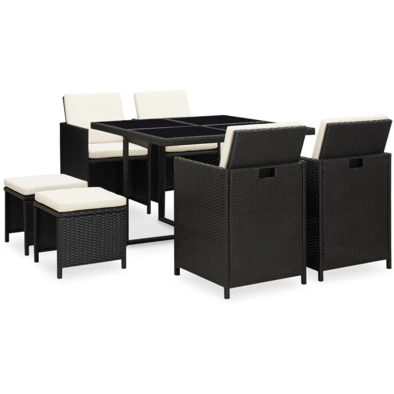 Image of vidaXL Outdoor Dining Set 9 Piece with Cushions Poly Rattan Black Garden Set