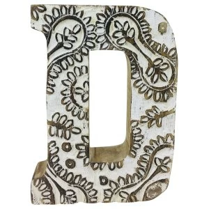 Image of Letter D Hand Carved Wooden White Flower