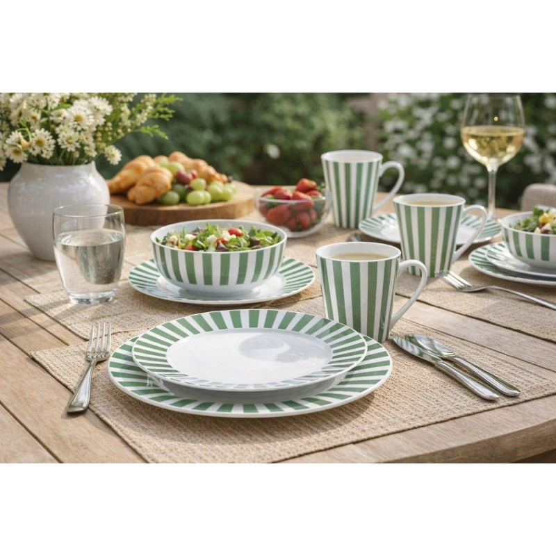 Image of Waterside 24pc Green Split Stripe Dinner Set, Green 6297