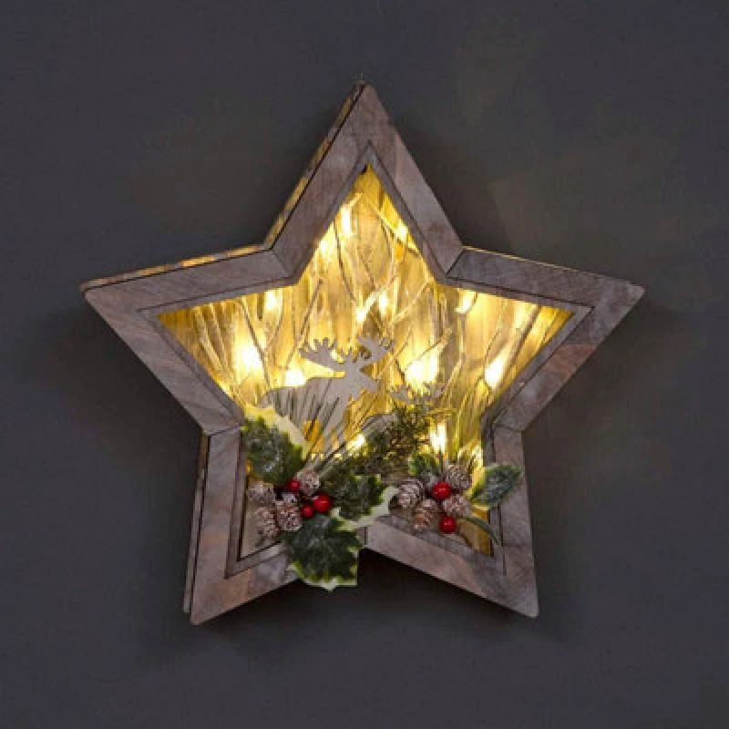 Image of Shatchi B/O LED Wooden Reindeer Scene - Star Shape - W38xD6xH38cm Brown