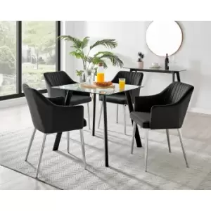 Image of Furniture Box Seattle Glass and Black Leg Square Dining Table & 4 Black Calla Silver Leg Chairs
