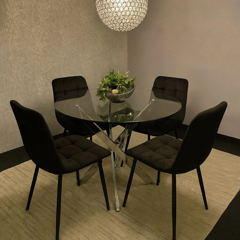 Image of KOSY KOALA KOSY KOALA Dining Table and 4 Chairs Round Glass Table 4 Black Velvet Chairs Dining Set in Clear Clear One Size Unisex 5061055341574