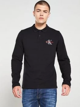 Image of Calvin Klein Jeans Monogram Slim Long Sleeved Polo Shirt - Black