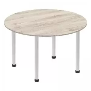Image of Impulse 1000mm Round Table Grey Oak Top Brushed Aluminium Post Leg