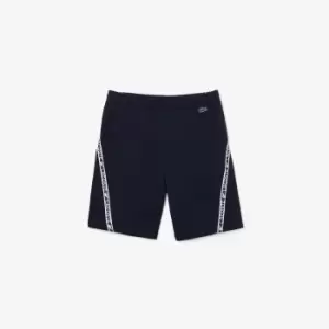 Image of Mens Lacoste Printed Bands Brushed Fleece Shorts Size 3 - S Navy Blue
